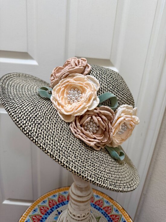 Elegant Women\'s Tweed Sun Hat With Satin Flowers And Pearls Wedding Tea Party main image 13